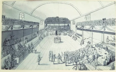 Franska revolutionen: födelsen av konstitutionen i september 1791 omsmält av Guy Jean-Baptiste Target (1733-1807) i rummet på Jeu de Paume i Versailles där deputerade hade avlagt en ed den 20/06/1789. Anonym teckning omkring 1791. Paris, Lou