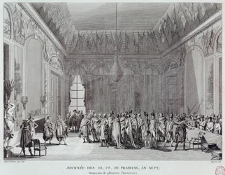 Franska revolutionen: dagarna 28, 29 och 30 år VII, som ledde, den 18/06/1799, till statskupp för Abbe Emmanuel-Joseph Sieyes (1748-1836) (eller rådens hämnd) och såg avskedandet av flera Thermidorianska regissörer. Gravyr o
