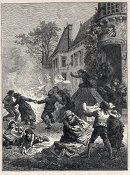 Franska revolutionen: bönderna brände sina feodala titlar och dansade runt elden för att fira avskaffandet av privilegier i augusti 1789. Gravyr från 1889. Privat samling.