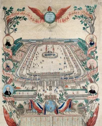 Franska revolutionen: vy över den nationella federationsfesten den 14/07/1790 på Marsfältet. Gravyr från 1790. Paris, Nationalarkivet