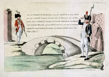 Franska och luxemburgska tulltjänstemän hälsar vänskapligt på varandra (frågan om gränser under revolutionen), sent 1700-tal