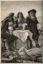 Den franske arkitekten Vauban ritar upp planerna för befästningarna i Belfort (öster om Frankrike) på Ludvig XIV:s begäran 1687 - Sebastien Le Prestre de Vauban ger planerna för befästningarna i Belfort - gravyr i "" PATRIE"" - BESKRIVNING PECTUREQU