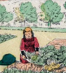 Fransk föreställning: En liten flicka, som tror att barn föds i kål eller rosor, klipper skotten i en köksträdgård - Épinalbild - 1800-talet