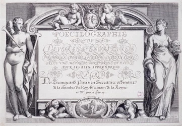 Fransk kalligrafi: Poecilografi, frontispice, av Baptiste de Beaugrand 1606.