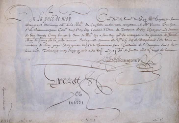Fransk kalligrafi: Recu till förmån för Bernard de Beaugrand levererar den 2 juli 1623. Historiskt bibliotek i staden Paris.