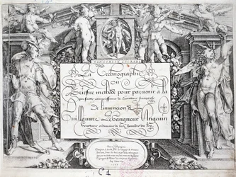 Fransk kalligrafi: Technography, frontispice av Guillaume the Gangneur omkring 1599. Historiskt bibliotek i staden Paris.