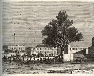 Franska kolonier i afrika - Place du gouvernement a Goree - gravyr i "La France illustree: geografi, historia, statistisk administration" av V.A. Malt-brunt. 1884