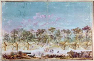 Franska kolonister bosatte sig på stranden i Kourou, Guyana 1763 (wc på papper)