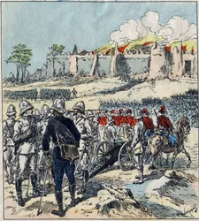 Fransk expedition till Dahomey (dagens Benin). General Dodds bildar sina attackkolonner före Abomey