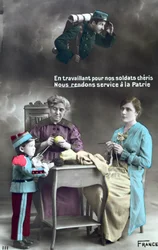 Fransk patriotiskt vykort som visar kvinnors roll under första världskriget 1914-18, 1915