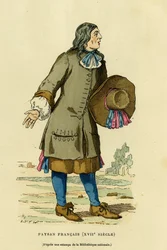 Fransk bondedräkt på 1700-talet. Färggravyr efter ett tryck från Nationalbiblioteket, i "France et les Français à travers les siècles" av Augustin Challamel, utgiven av F. Roy, Paris 1882. Selvas samling.