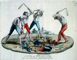 Franska revolutionen: allegori över natten den 4/08/1789, då feodala privilegier och rättigheter avskaffades. Medlemmar av det patriotiska folket förstör symbolerna för adeln, prästerskapet och rustningar. Gravyr från 1789. Paris, Arsenalbiblioteket