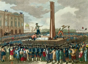 Franska revolutionen: avrättningen av kung Ludvig XVI (1754-1793) i giljotinen, bödeln visar upp hans avhuggna huvud. Gravyr efter en teckning av Fious. 1700-talet. Paris, Musée Carnavalet
