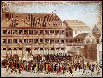Franska revolutionen: plundring av Strasbourgs stadshus den 20/07/1789. Anonymt tryck. Paris, B.N.