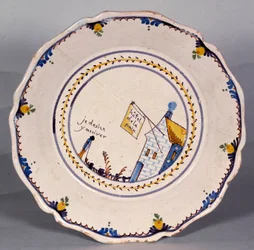 Franska revolutionen: tallrik med representation av hotel de la paix "" Jag önskar att komma dit"". Keramik från 1700-talet. Nevers, Musée Frederic Blandin