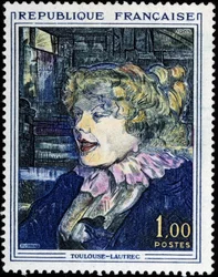 Franskt frimärke med målning av Toulouse Lautrec