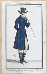 Klänning med stråhatt, nankeen-byxor och mjuka stövlar, 1819