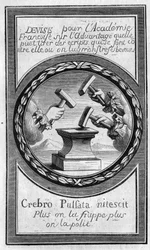 Frontispice of the "Factums" mot den franska akademin av Antoine Furetiere (1619-1688). Gravyr från 1860.