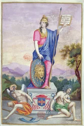 Frontispice allegorisk illustration av gudinnan Minerva från Les Panegyriques des Hommes Illustres de Notre Siecle av Puget de la Serre, 1655
