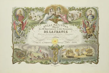 Frontispice av Atlas Nacional Illustre des 86 Departments et des Possessions de la France, av Victor Levasseur 1856 (handfärgad gravyr)
