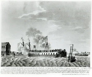 Fultons ångdrivna krigsskepp, Fulton the First, designad och byggd av Robert Fulton för försvaret av New York under kriget 1812 (bw-foto av gravyr från början av 1800-talet)