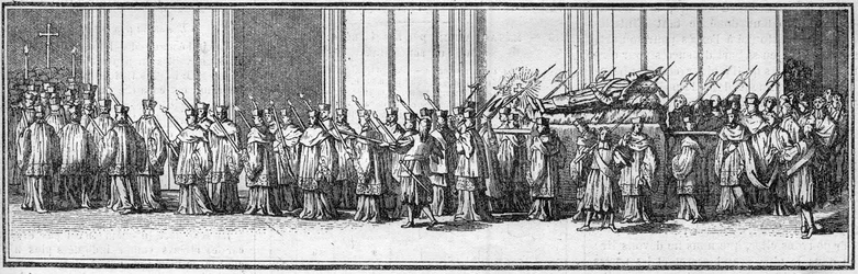 Begravning av en påve på 1700-talet: påvens kropp bärs till Peterskyrkan i Rom. Gravyr i "Histoire des religions"".