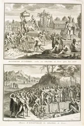 Begravningsriter och sättet att begrava herrar efter deras död, i Peru, illustration från religiösa ceremonier och seder, graverad av Bernard Picart (1673-1733) 1722