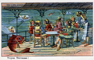 Futuredays: A Nineteenth Century Vision of the Year 2000 - Serie "" År 2000": Se terrass (under havet). Kromolitografi av Villemard