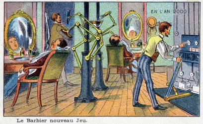 Futuredays: A Nineteenth Century Vision of the Year 2000 - Serien "" In the Year 2000"": Den nya spelfrisören (automatisk maskin). Kromolitografi av Villemard