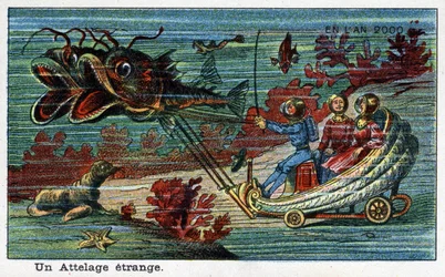 Futuredays: A Nineteenth Century Vision of the Year 2000 - Serien "" In the Year 2000": En märklig hitch (tank som dras av fisk under havet). Kromolitografi av Villemard