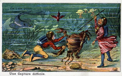 Futuredays: A Nineteenth Century Vision of the Year 2000 Series: A Difficult Capture (Under Sea). Kromolitografi av Villemard