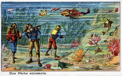 Futuredays: A Nineteenth Century Vision of the Year 2000 Series: A Fun Fishing (Under the Sea). Kromolitografi av Villemard