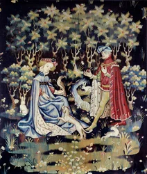 Galantescen: "" the offer of the heart"" Gobeläng av ull och siden från en verkstad i Arras - 1400-1410 Dim 2,4x2 m Paris, Musee du Louvre
