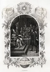 Galilee (eller Galileo Galilei (1564-1642)) före det heliga ämbetet i Vatikanen”” Astronomen dömdes av inkvisitionsdomstolen 1632. Gravyr för att illustrera Histoire des popes av Maurice Lachatre (1814-1900), librairie du progres, Paris.