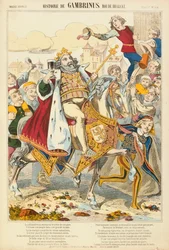 Gambriunus, legendarisk kung av Flandern, broadsheet publicerad av Verlag Haguenthal, Pont-a-Mousson, 1860