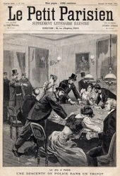 Spelhus i Paris: Polisrazzia i en spelklubb (casino). En av tidningarna "Le Petit Parisien"" den 26/02/1893 (gravyr)