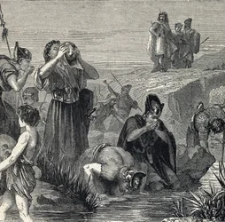 Gedeon (Gideon) kallar av Gud att besegra madianiterna väljer sina soldater bland dem som dricker medan de bär vatten till munnen (Gideon eller Gedeon väljer sina soldater och håller bara de som lyfte vattnet till sin mun, och medan de gör det, dra