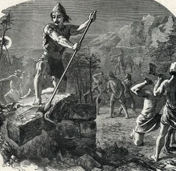 Gedeon (Gideon) avslöjar Baals altare som störtade hans folk i avgudadyrkan (Gideon eller Gedeon förstörde Baals altare) Gravyr från 