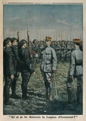 General Petain inspekterar 42:a bergsinfanteristregementet, och tänk om jag ger dig hederslegionen, illustration på baksidan från Le Petit Journal, bilaga illustre, 23 september 1917 (