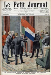 General Pieter Willem Botha (en Boer) presenterar Transvaals (Sydafrikas) nya flagga till den engelske kolonialministern Lord Elgin - I "Le Petit Journal" den 21 juli