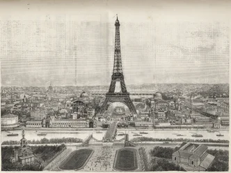 Översikt över världsutställningen i Paris 1889 med Eiffeltornet från Trocadero, gravyr - Översikt över världsutställningen i Paris 1889 med Eiffeltornet, gravyr i Le Monde illustrious de 1889