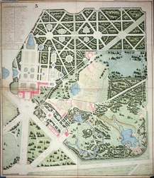 Översiktsplan över parkerna i de två Trianonpalatsen, Versailles, tidigt 1800-tal (penna & bläck och wc på papper)