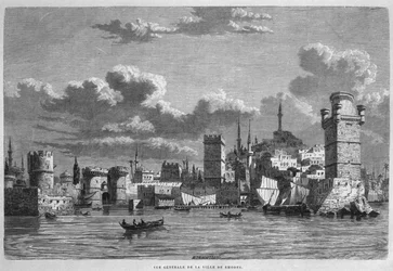 Allmän bild av Rhodos, från Syrien idag. Reser i Fenicien, Libanon och Judéen. 1875-1880 av Louis Charles Emile Lortet, 1884 (bw gravyr)