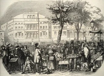 Allmän vy av boulevard du Temple i Paris - gatuförsäljare - Paris - Allmän vy av boulevard du Temple - Ambulanter för köpmän - Gravyr i "Tableau-de-Paris" av Edmond Texier 1852