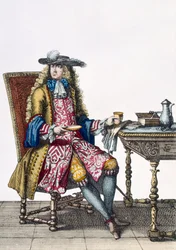 Gentlemans utarbetade outfit, 1760 88:A gentlemans utarbetade broderad väst, kappa och hatt; 99:hane; traditionell kostym; traditionell klänning; mode; c18:e; sittande; skrivbord; flik