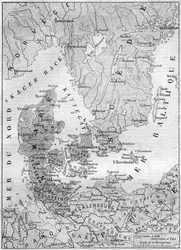 Geografisk karta över Danmark 1861, med hertiginnan av Schleswig, Holstein och Lauenburg. Gravyr i "" Le Monde Illustré"" nr 200 av 9 februari 1861.