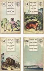 Tyska utgåvan av Lenormand French cartomancy däck: The Child, The Fox, The Bear, The Star, utgiven av Dondorf, Frankfurt, 1800-talet