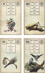 Tyska utgåvan av Lenormands franska kartomantäck: The Flowers, The Scythe, The Birch-rodThe Whip, The Birds, utgiven av Dondorf, Frankfurt, 1800-talet