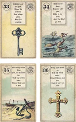 Tyska utgåvan av Lenormand French cartomancy däck: The Key, The Fish, The Anchor, The Cross, utgiven av Dondorf, Frankfurt, 1800-talet
