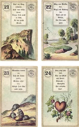 Tyska utgåvan av Lenormand French cartomancy deck: The Mountain, The Road, The Mice, The Heart, utgiven av Dondorf, Frankfurt, 1800-talet